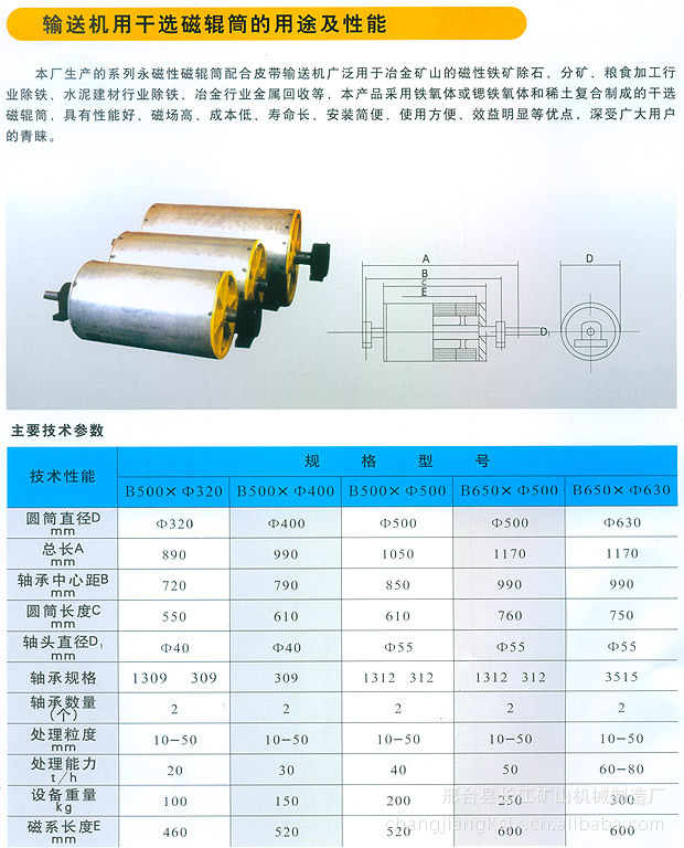 选矿设备输送机用干选磁辊筒产品详细说明